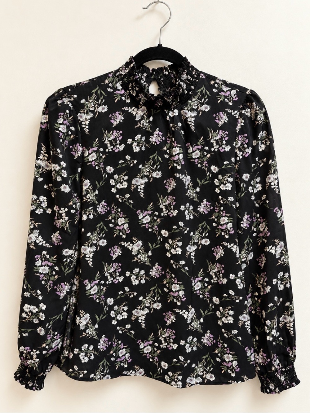 NWT Allegra K Women Floral Print High Neck Long Sleeve Smocked Ruffle Blouse, S
